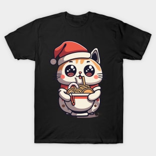 Kawaii cat eating noodles Christmas design T-Shirt